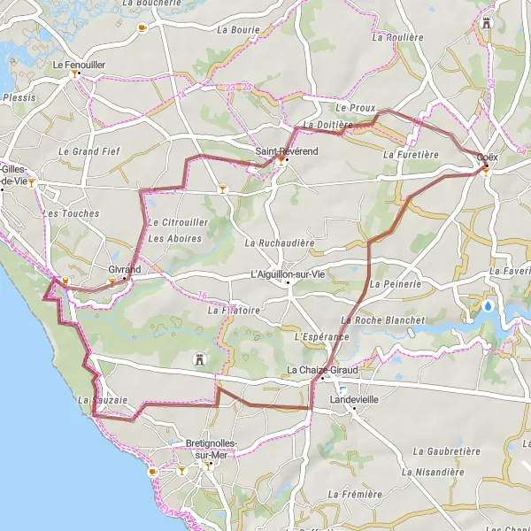 Map miniature of "Exploring La Chaize-Giraud and Givrand" cycling inspiration in Pays de la Loire, France. Generated by Tarmacs.app cycling route planner