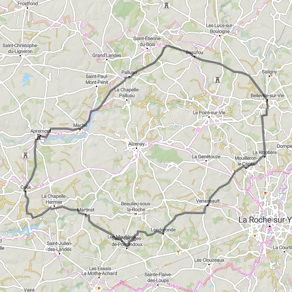 Map miniature of "Château d'Apremont Loop" cycling inspiration in Pays de la Loire, France. Generated by Tarmacs.app cycling route planner