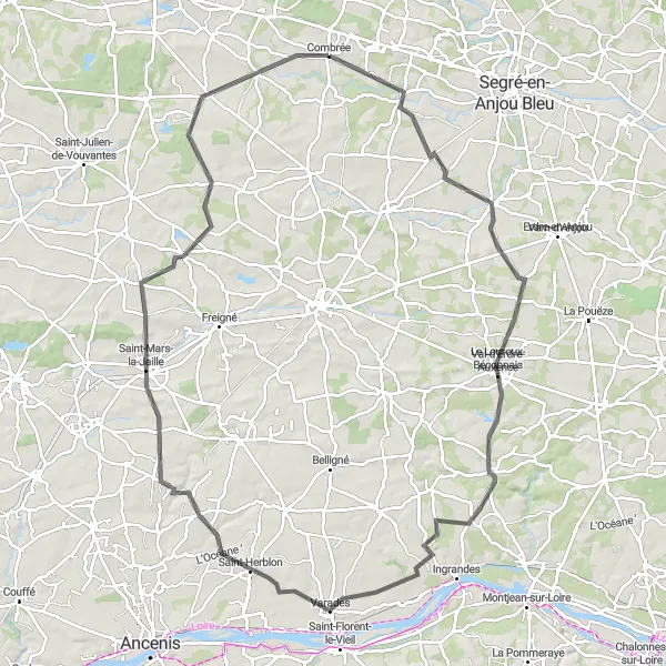 Miniature de la carte de l'inspiration cycliste "Tour à vélo du Bourg-d'Iré" dans la Pays de la Loire, France. Générée par le planificateur d'itinéraire cycliste Tarmacs.app