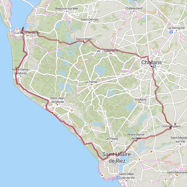 Map miniature of "Gravel Paradise in Vendée" cycling inspiration in Pays de la Loire, France. Generated by Tarmacs.app cycling route planner