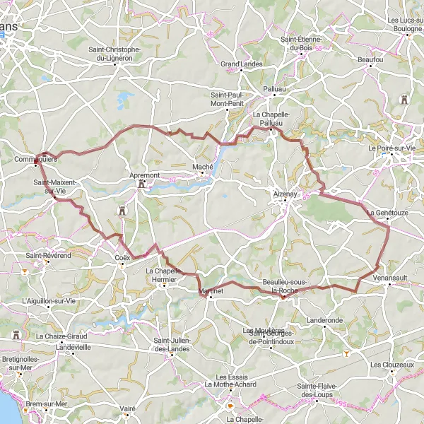 Map miniature of "Château de Commequiers Gravel Loop" cycling inspiration in Pays de la Loire, France. Generated by Tarmacs.app cycling route planner