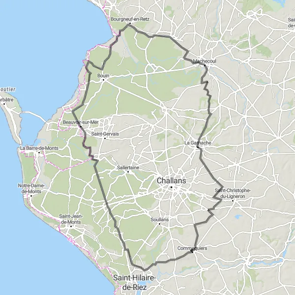 Map miniature of "Notre-Dame-de-Riez to Château de Commequiers" cycling inspiration in Pays de la Loire, France. Generated by Tarmacs.app cycling route planner