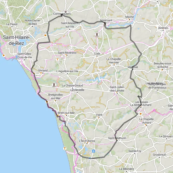 Map miniature of "Apremont to Le Fenouiller" cycling inspiration in Pays de la Loire, France. Generated by Tarmacs.app cycling route planner