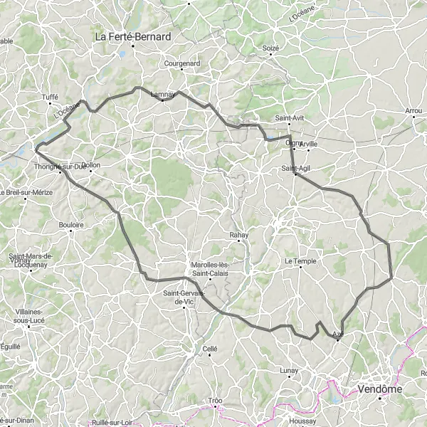 Miniature de la carte de l'inspiration cycliste "Boucle de Connerré à Thorigné-sur-Dué" dans la Pays de la Loire, France. Générée par le planificateur d'itinéraire cycliste Tarmacs.app
