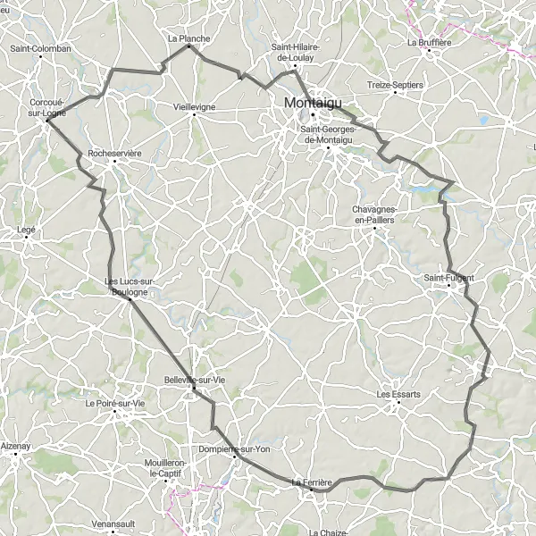 Miniature de la carte de l'inspiration cycliste "La vallée des châteaux de la Loire" dans la Pays de la Loire, France. Générée par le planificateur d'itinéraire cycliste Tarmacs.app