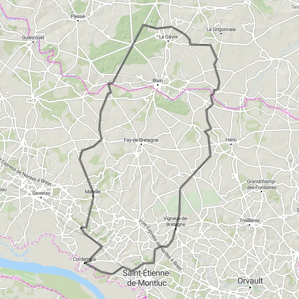 Map miniature of "The Malville Circuit" cycling inspiration in Pays de la Loire, France. Generated by Tarmacs.app cycling route planner