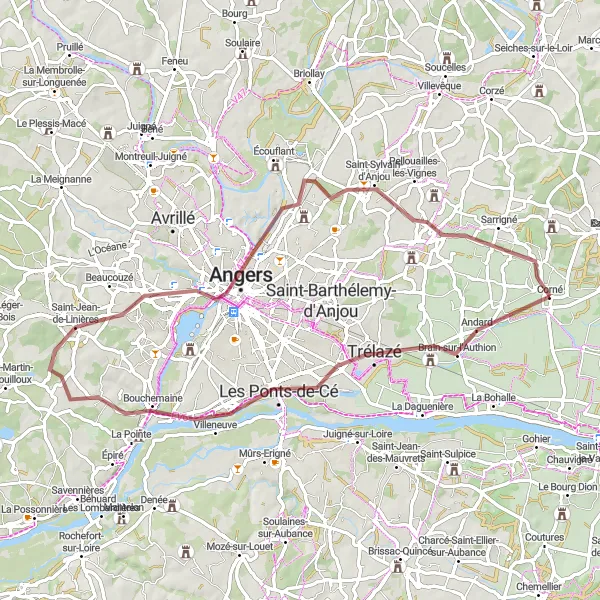 Map miniature of "Gravel Trails of the Loire Valley" cycling inspiration in Pays de la Loire, France. Generated by Tarmacs.app cycling route planner