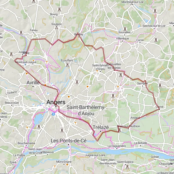 Map miniature of "The Trélazé Escape" cycling inspiration in Pays de la Loire, France. Generated by Tarmacs.app cycling route planner