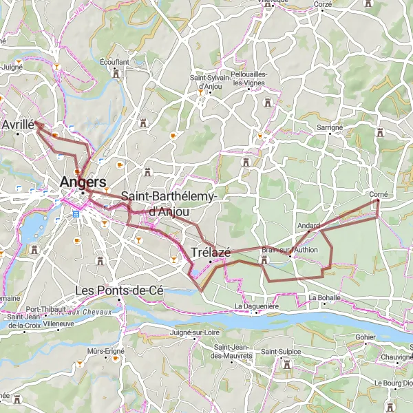 Map miniature of "Serene Gravel Ride through Angers" cycling inspiration in Pays de la Loire, France. Generated by Tarmacs.app cycling route planner