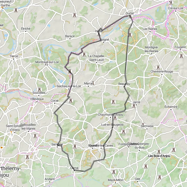 Map miniature of "Picturesque Ride along Loir Valley" cycling inspiration in Pays de la Loire, France. Generated by Tarmacs.app cycling route planner