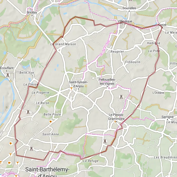 Miniature de la carte de l'inspiration cycliste "Parcours Gravel autour de Corzé" dans la Pays de la Loire, France. Générée par le planificateur d'itinéraire cycliste Tarmacs.app