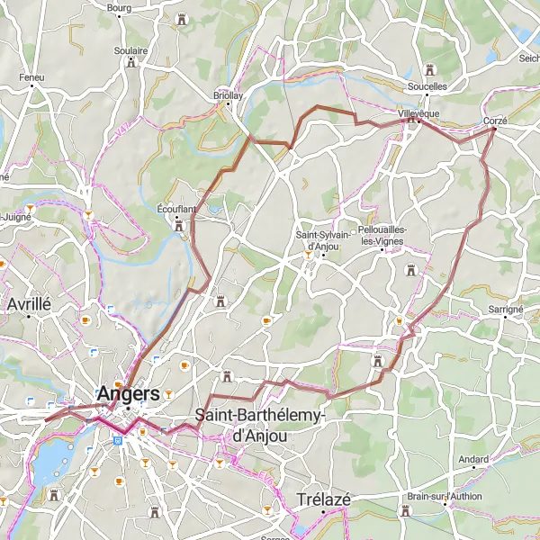 Map miniature of "Gravel Adventure near Corzé" cycling inspiration in Pays de la Loire, France. Generated by Tarmacs.app cycling route planner