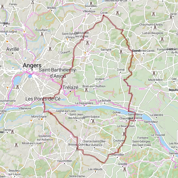 Map miniature of "Adventure Along the Loire" cycling inspiration in Pays de la Loire, France. Generated by Tarmacs.app cycling route planner