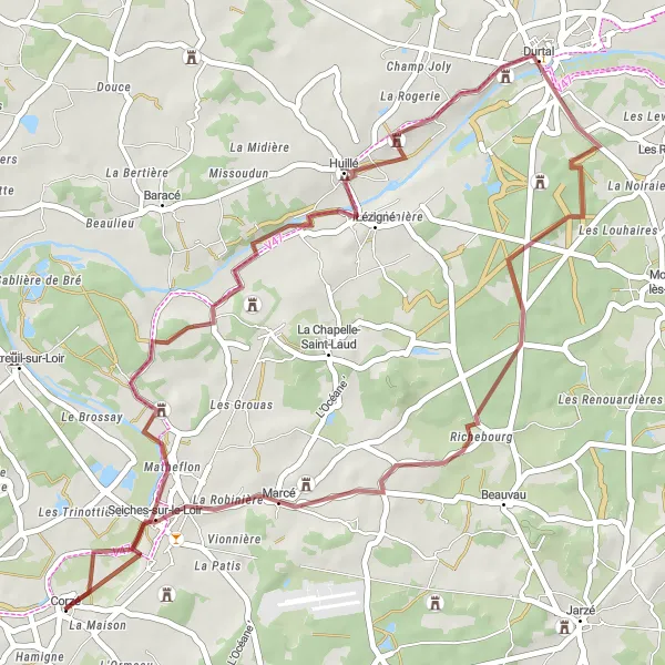 Map miniature of "Loir Valley Gravel Route" cycling inspiration in Pays de la Loire, France. Generated by Tarmacs.app cycling route planner