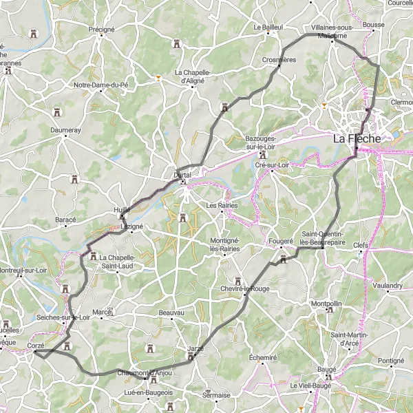 Map miniature of "Loir Valley Explorer" cycling inspiration in Pays de la Loire, France. Generated by Tarmacs.app cycling route planner