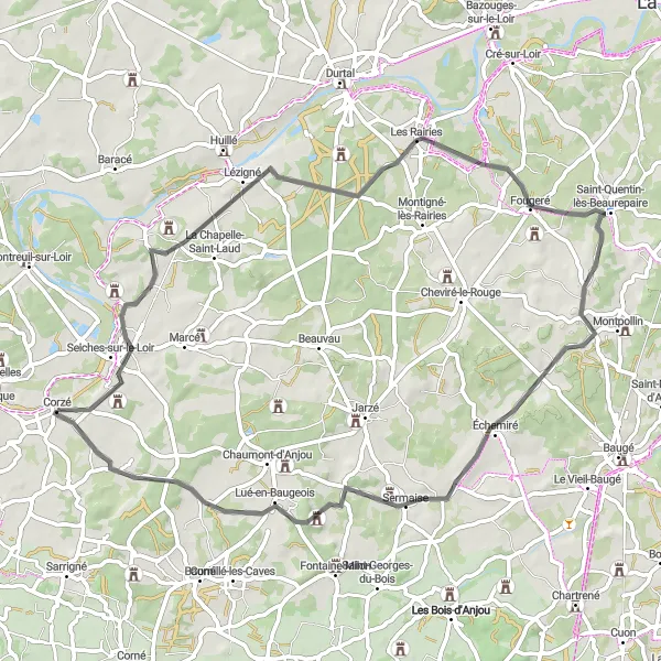 Miniature de la carte de l'inspiration cycliste "Balade dans la Campagne Angevine" dans la Pays de la Loire, France. Générée par le planificateur d'itinéraire cycliste Tarmacs.app