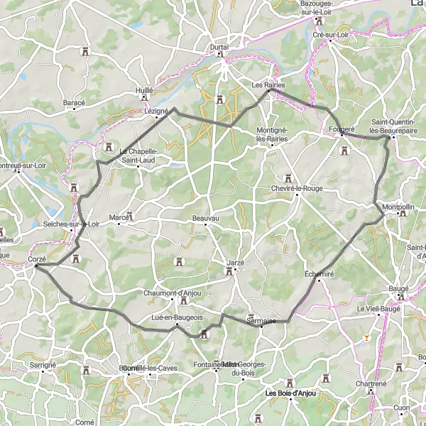 Map miniature of "Scenic Loop Around Corzé" cycling inspiration in Pays de la Loire, France. Generated by Tarmacs.app cycling route planner