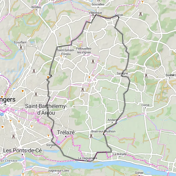 Miniature de la carte de l'inspiration cycliste "Traversée pittoresque sur route" dans la Pays de la Loire, France. Générée par le planificateur d'itinéraire cycliste Tarmacs.app