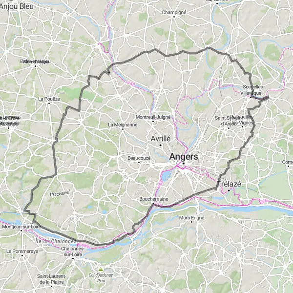 Map miniature of "Scenic Tour of Loire River" cycling inspiration in Pays de la Loire, France. Generated by Tarmacs.app cycling route planner