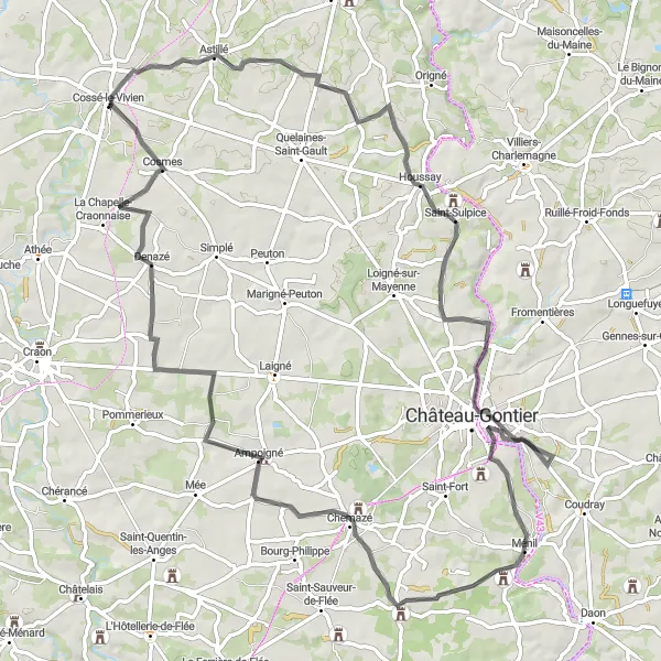 Map miniature of "Château de la Rongère Road Challenge" cycling inspiration in Pays de la Loire, France. Generated by Tarmacs.app cycling route planner