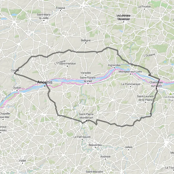 Map miniature of "Ancenis Adventure" cycling inspiration in Pays de la Loire, France. Generated by Tarmacs.app cycling route planner