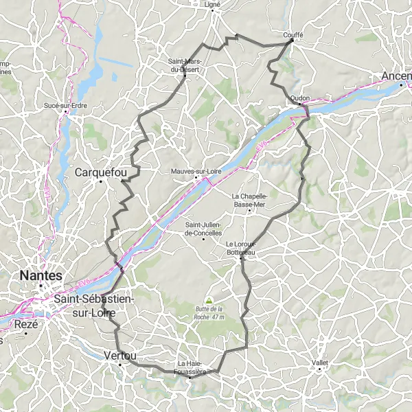 Map miniature of "Discovering the Loire Valley" cycling inspiration in Pays de la Loire, France. Generated by Tarmacs.app cycling route planner