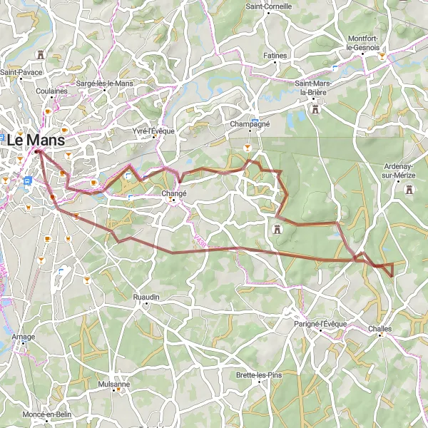 Map miniature of "The Le Mans Gravel Trail" cycling inspiration in Pays de la Loire, France. Generated by Tarmacs.app cycling route planner