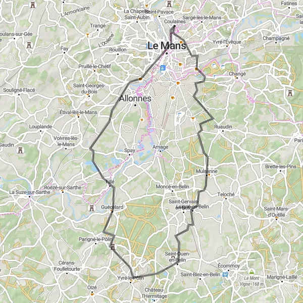 Map miniature of "Exploring Sarthe's Cultural Treasures" cycling inspiration in Pays de la Loire, France. Generated by Tarmacs.app cycling route planner