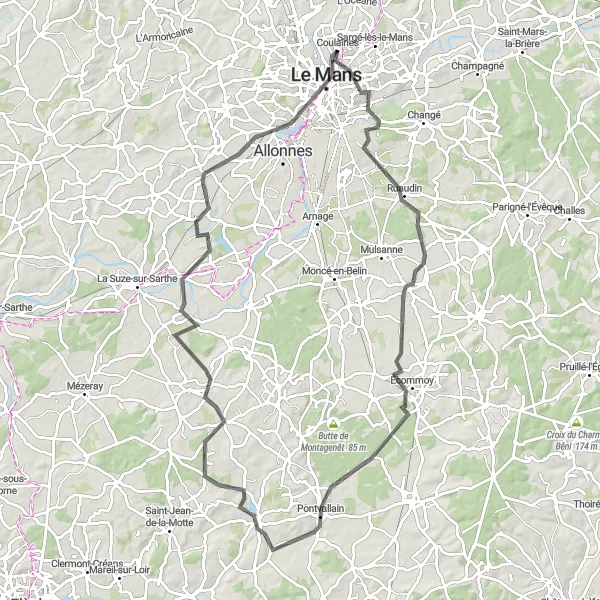 Map miniature of "The Ruaudin Adventure" cycling inspiration in Pays de la Loire, France. Generated by Tarmacs.app cycling route planner