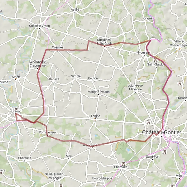 Miniature de la carte de l'inspiration cycliste "Aventure dans l'arrière-pays" dans la Pays de la Loire, France. Générée par le planificateur d'itinéraire cycliste Tarmacs.app