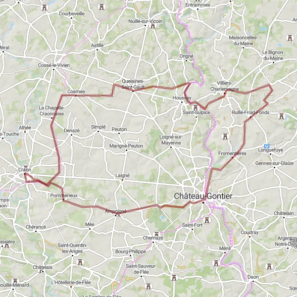 Map miniature of "Craon - La Chapelle-Craonnaise" cycling inspiration in Pays de la Loire, France. Generated by Tarmacs.app cycling route planner