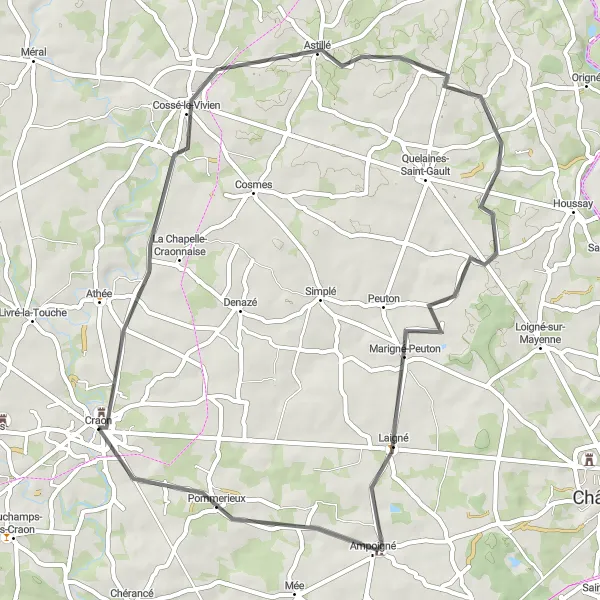 Map miniature of "Countryside Road Cycling" cycling inspiration in Pays de la Loire, France. Generated by Tarmacs.app cycling route planner