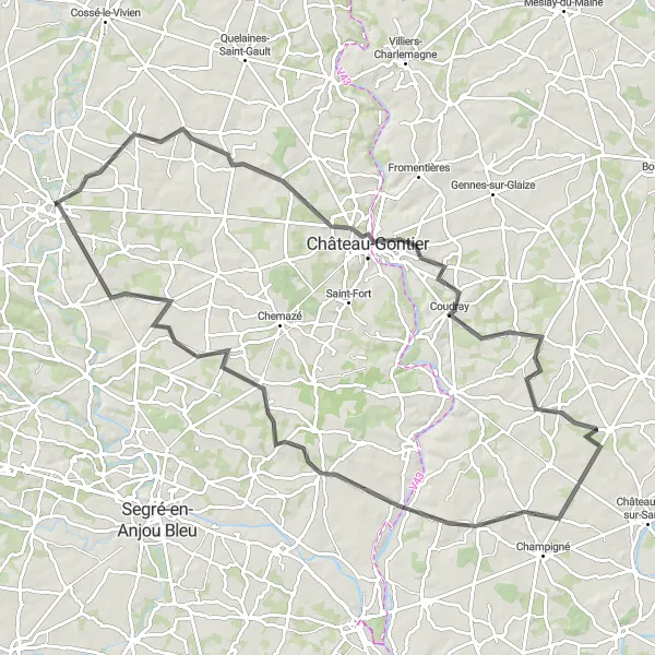 Miniature de la carte de l'inspiration cycliste "Le Tour de la Mayenne" dans la Pays de la Loire, France. Générée par le planificateur d'itinéraire cycliste Tarmacs.app