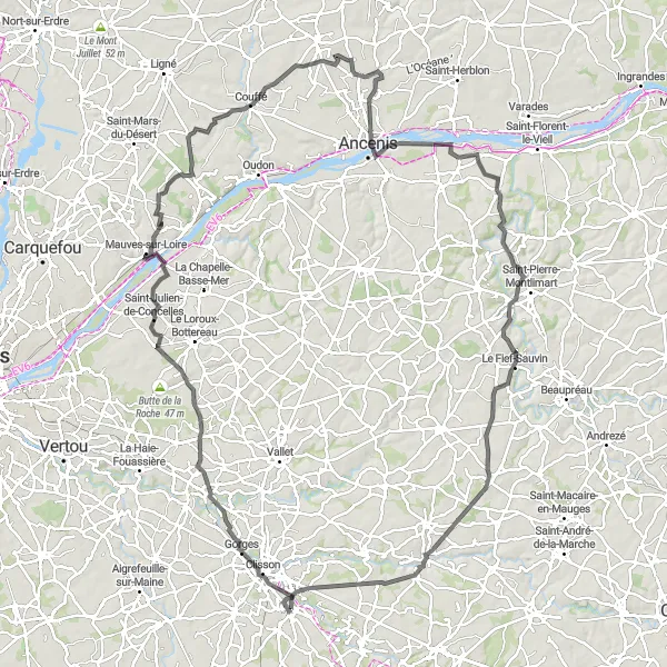 Miniature de la carte de l'inspiration cycliste "Le Chemin des Châteaux de la Loire" dans la Pays de la Loire, France. Générée par le planificateur d'itinéraire cycliste Tarmacs.app