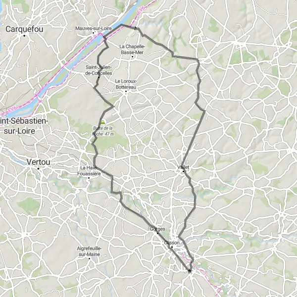 Map miniature of "Cugand to Gétigné via Butte de la Roche" cycling inspiration in Pays de la Loire, France. Generated by Tarmacs.app cycling route planner