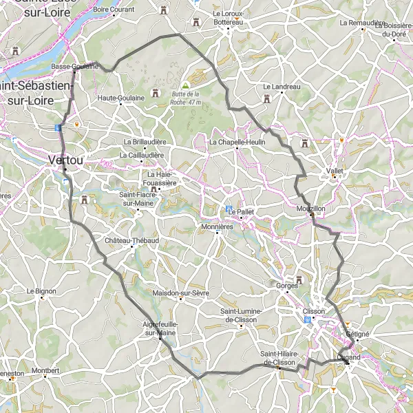 Map miniature of "Cugand to Aigrefeuille-sur-Maine via Basse-Goulaine" cycling inspiration in Pays de la Loire, France. Generated by Tarmacs.app cycling route planner