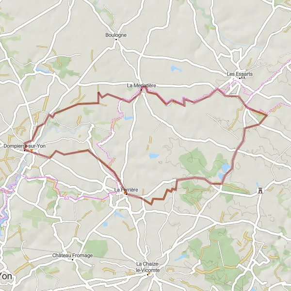 Miniature de la carte de l'inspiration cycliste "Le Circuit des Chemins de Gravel" dans la Pays de la Loire, France. Générée par le planificateur d'itinéraire cycliste Tarmacs.app
