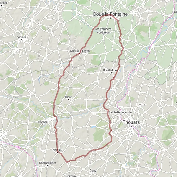 Miniature de la carte de l'inspiration cycliste "Exploration des Vallées" dans la Pays de la Loire, France. Générée par le planificateur d'itinéraire cycliste Tarmacs.app