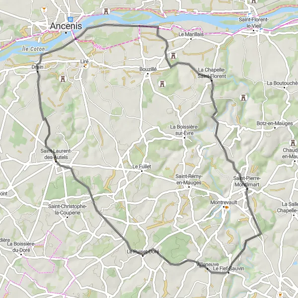 Miniature de la carte de l'inspiration cycliste "Promenade à Vélo autour de Drain" dans la Pays de la Loire, France. Générée par le planificateur d'itinéraire cycliste Tarmacs.app