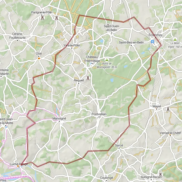 Map miniature of "Sarcé Loop" cycling inspiration in Pays de la Loire, France. Generated by Tarmacs.app cycling route planner