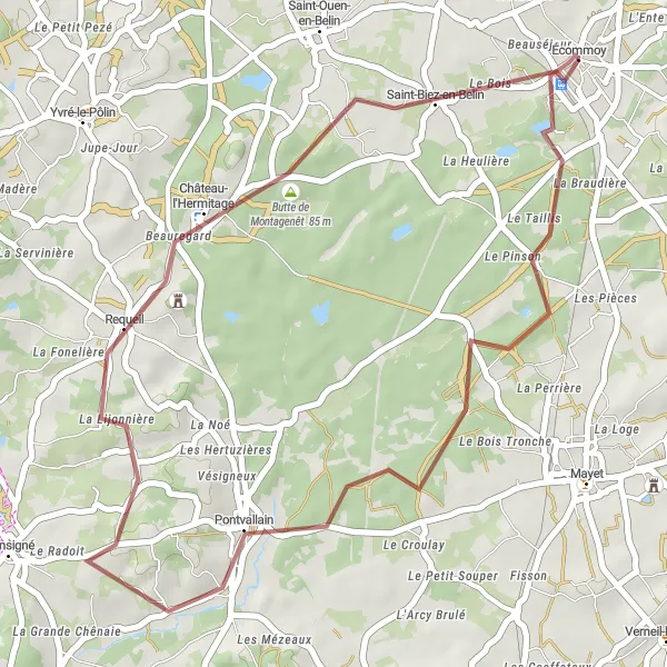 Map miniature of "Pontvallain Discovery" cycling inspiration in Pays de la Loire, France. Generated by Tarmacs.app cycling route planner