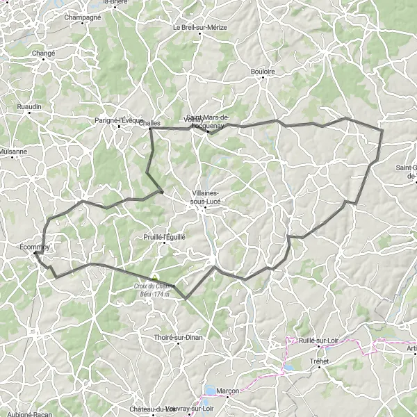 Miniature de la carte de l'inspiration cycliste "Les Collines du Nord de la Sarthe" dans la Pays de la Loire, France. Générée par le planificateur d'itinéraire cycliste Tarmacs.app