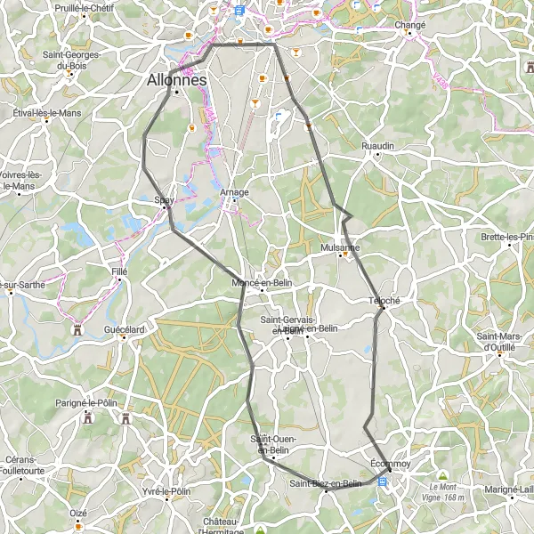 Miniature de la carte de l'inspiration cycliste "Les Vallées de la Sarthe" dans la Pays de la Loire, France. Générée par le planificateur d'itinéraire cycliste Tarmacs.app
