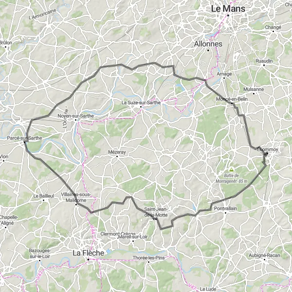 Miniature de la carte de l'inspiration cycliste "Boucle des Châteaux de la Sarthe" dans la Pays de la Loire, France. Générée par le planificateur d'itinéraire cycliste Tarmacs.app