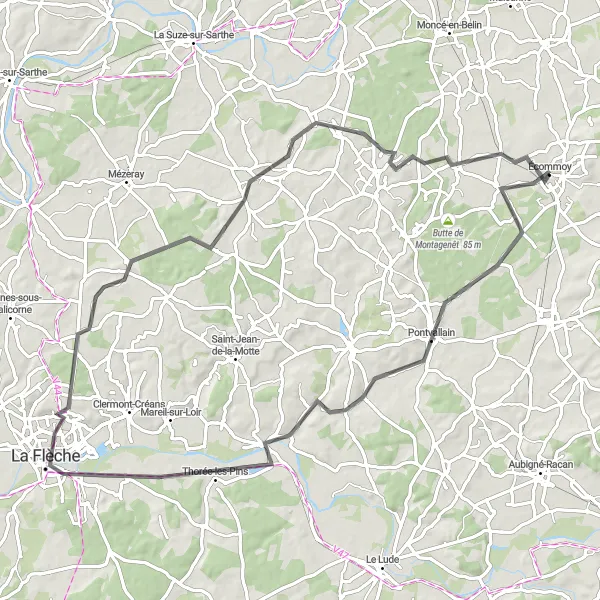 Map miniature of "Countryside Tour: Écommoy to Saint-Ouen-en-Belin" cycling inspiration in Pays de la Loire, France. Generated by Tarmacs.app cycling route planner