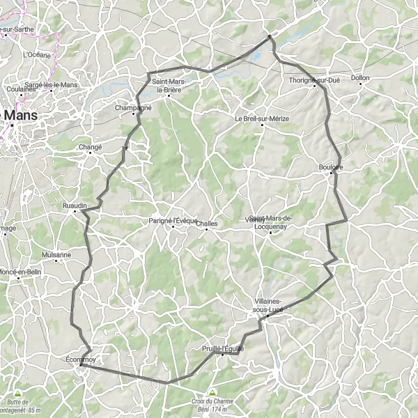 Miniature de la carte de l'inspiration cycliste "Parcours à vélo de route Écommoy - Le Mont Vigne" dans la Pays de la Loire, France. Générée par le planificateur d'itinéraire cycliste Tarmacs.app