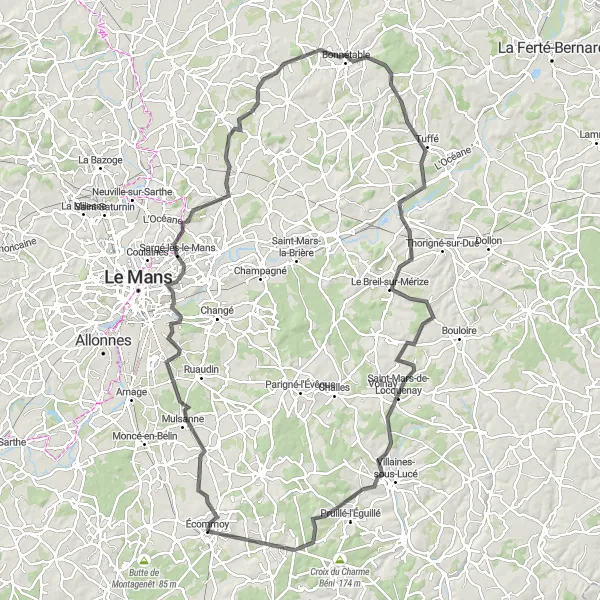 Miniature de la carte de l'inspiration cycliste "Circuit cycliste Écommoy - Le Mont Vigne" dans la Pays de la Loire, France. Générée par le planificateur d'itinéraire cycliste Tarmacs.app