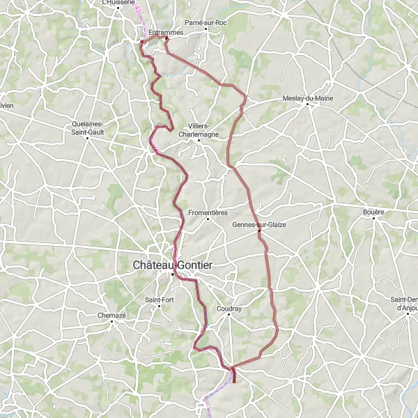 Map miniature of "Gravel Route to Maisoncelles-du-Maine" cycling inspiration in Pays de la Loire, France. Generated by Tarmacs.app cycling route planner