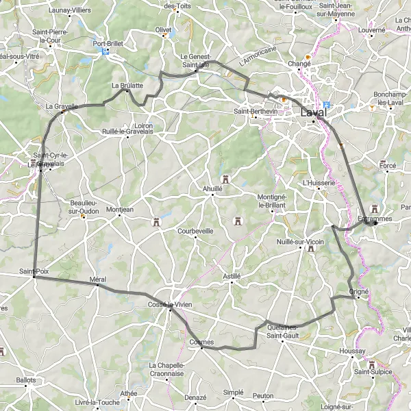 Miniature de la carte de l'inspiration cycliste "Parcours Routier Cosmes" dans la Pays de la Loire, France. Générée par le planificateur d'itinéraire cycliste Tarmacs.app