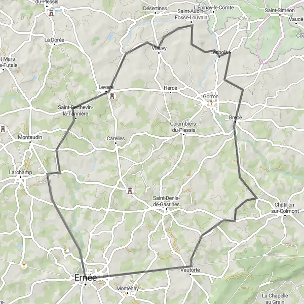 Map miniature of "The Ernée Discovery" cycling inspiration in Pays de la Loire, France. Generated by Tarmacs.app cycling route planner